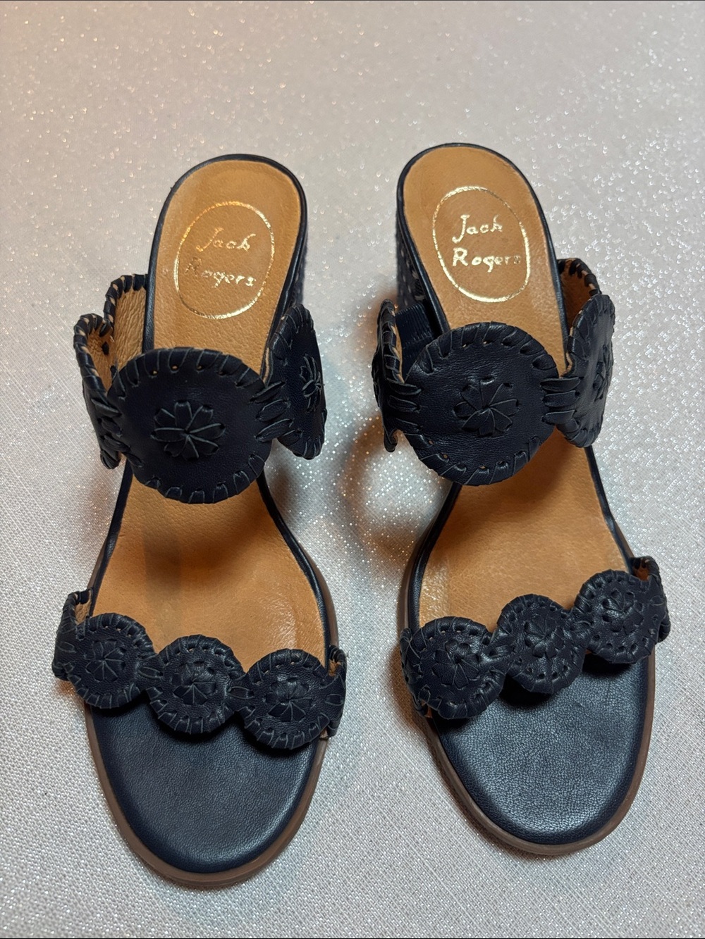 Jack Rogers Dark Blue Leather Scalloped Slide Sandals